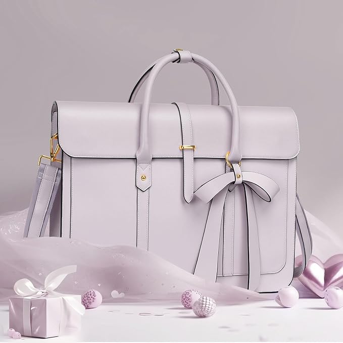 MOSISO Laptop Bag for Women, 15-15.6 inch PU Leather Laptop Shoulder Bags Convertible Backpack, 16 inch Messenger Bags Casual Handbag Work Briefcase Travel Computer Bag with Bowknot, Dusty Lilac