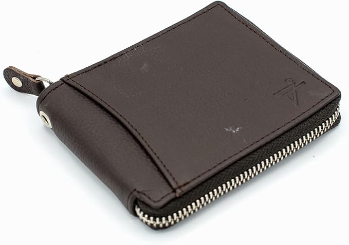 RFID Safe Leather Bi-fold Chain Wallet for Men Zip around Purse for Women Biker's Trucker YKK Metal Zipper Closure Filp up window ID (Brown without Chain)