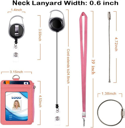 Badge Holder with Zipper, Life-Mate PU Leather ID Badge Card Holder Wallet Case with 5 Card Slots Zipper Pocket 19" Polyester Neck Lanyard Heavy Duty Metal Retractable Badge Reel (Pink)