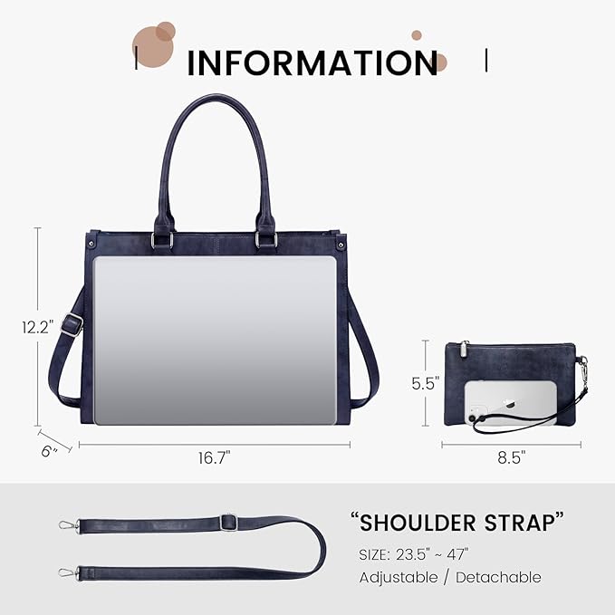 LOVEVOOK Laptop Tote Bag for Women, 15.6 Inch Large Capacity Vintage Leather Work Computer Bag, Business Casual Shoulder Handbag, Indigo Ink