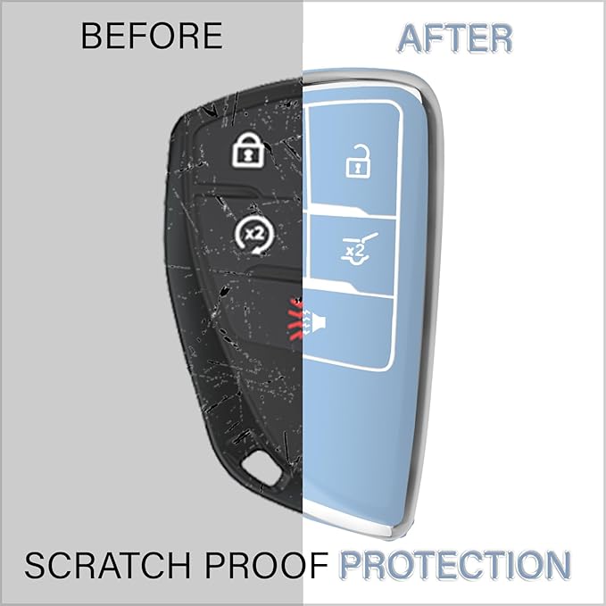 QBUC for Chevy Key Fob Cover with Keychain Soft TPU Protection Case Compatible with 2021-2026 Chevy Equinox Blazer Tahoe Suburban GMC Yukon Denali Silverado 5-Buttons(Chrome Trim Blue)
