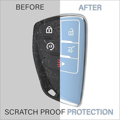QBUC for Chevy Key Fob Cover with Keychain Soft TPU Protection Case Compatible with 2021-2026 Chevy Equinox Blazer Tahoe Suburban GMC Yukon Denali Silverado 5-Buttons(Chrome Trim Blue)