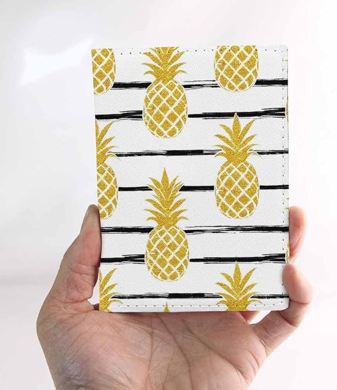 Gold Pineapple Passport Holder for Travel Art Black Line PU Leather Passport Cover Wallet Cute Passport Card Holder for Women and Men
