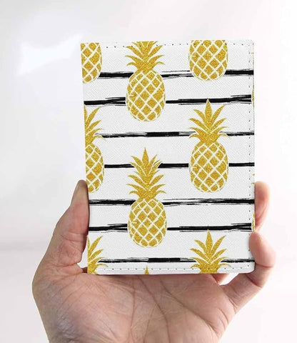 Gold Pineapple Passport Holder for Travel Art Black Line PU Leather Passport Cover Wallet Cute Passport Card Holder for Women and Men