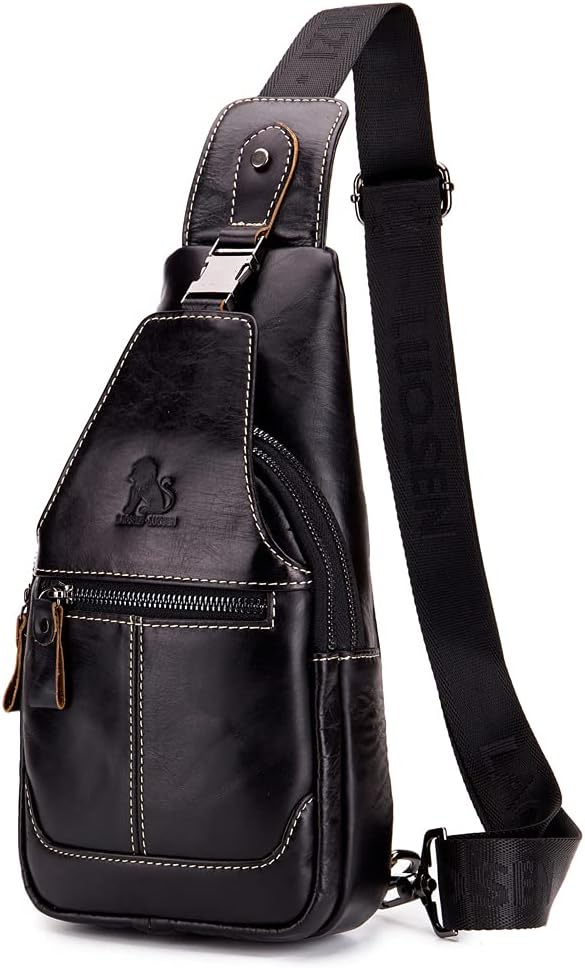 Hebetag Leather Sling Bag Crossbody Backpack for Men Women Outdoor Travel Camping Hiking Shoulder Chest Day Pack Casual Daypack, Black
