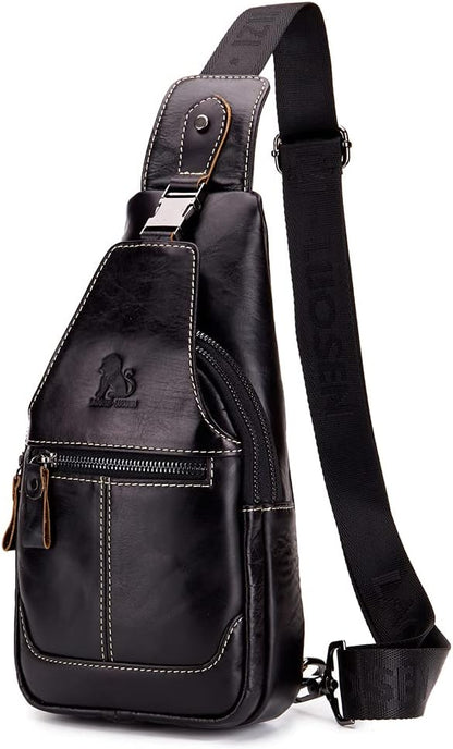 Hebetag Leather Sling Bag Crossbody Backpack for Men Women Outdoor Travel Camping Hiking Shoulder Chest Day Pack Casual Daypack, Black