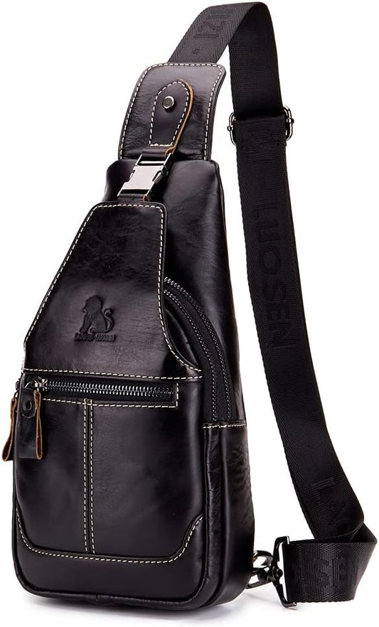 Hebetag Leather Sling Bag Crossbody Backpack for Men Women Outdoor Travel Camping Hiking Shoulder Chest Day Pack Casual Daypack, Black