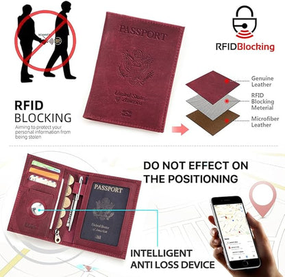 CONTACTS Full Grain Leather Passport Holder RFID Blocking Travel Passport Wallet Compatible with Airtag Passport Cover Case with 4 Cards Slots, Coin Pocket (Badge, Wine Red)
