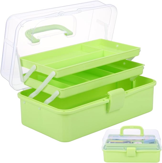 Small Toolbox with Handle, Tackle Box 3-Layer Craft Organizers, Portable Folding Plastic Tool Box for Sewing Supplies, Medicine, Art Supplies, Nails and Hair Accessories(Green)