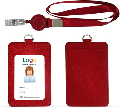 HYCOPROT ID Badge Holder with Lanyard Heavy Duty Retractable PU Leather Vertical Horizontal ID Card Holders with 1 Clear ID Window & 1 Credit Card Slot for Office School Driver Licence (Vertical, Red)