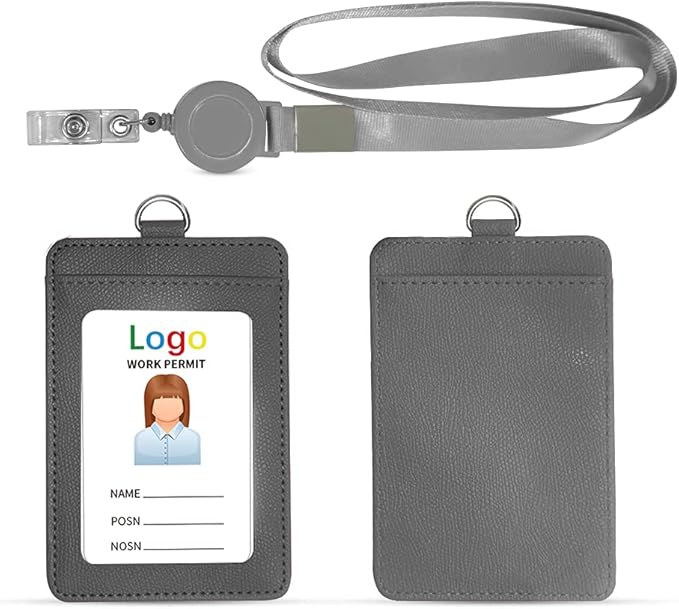 HYCOPROT ID Badge Holder with Lanyard Heavy Duty Retractable PU Leather Vertical Horizontal ID Card Holders with 1 Clear ID Window & 1 Credit Card Slot for Office Driver Licence (Vertical, Grey)