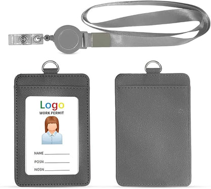 HYCOPROT ID Badge Holder with Lanyard Heavy Duty Retractable PU Leather Vertical Horizontal ID Card Holders with 1 Clear ID Window & 1 Credit Card Slot for Office Driver Licence (Vertical, Grey)