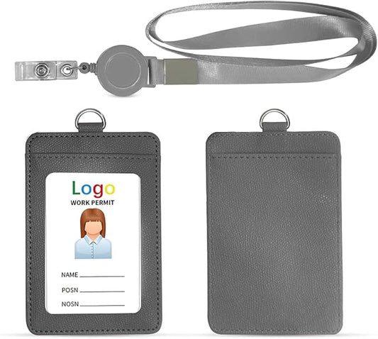HYCOPROT ID Badge Holder with Lanyard Heavy Duty Retractable PU Leather Vertical Horizontal ID Card Holders with 1 Clear ID Window & 1 Credit Card Slot for Office Driver Licence (Vertical, Grey)