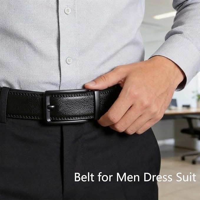 JINIU Men's Ratchet Belt Buckle, Black Genuine Leather Slide Belt for Men Dress Suit, Micro Adjustable Trim to Fit Boxed