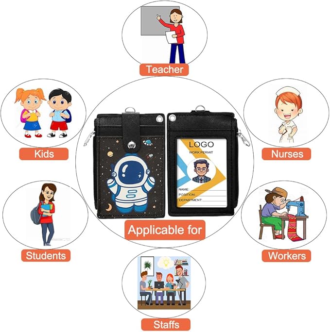 HASFINE ID Badge Holder with Lanyard,Cute Astronaut Work Badge with Zippered Pocket,Functional 2-Sided ID Card Wallet with 3 Slots and Detachable Keychain for Teacher Student Nurse and Office Staff