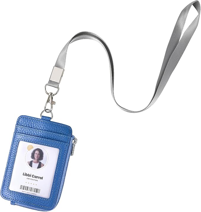 Badge Holder – Genuine Leather ID Badge Holder with Zipper Pocket and Nylon Lanyard – Perfect for Badges, Cards, and More