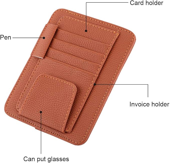 Multi-function Car Sun Visor Organizer Card Storage Glasses Holder Clip Pouch Bag Hanging Holder PU Leather(Beige)