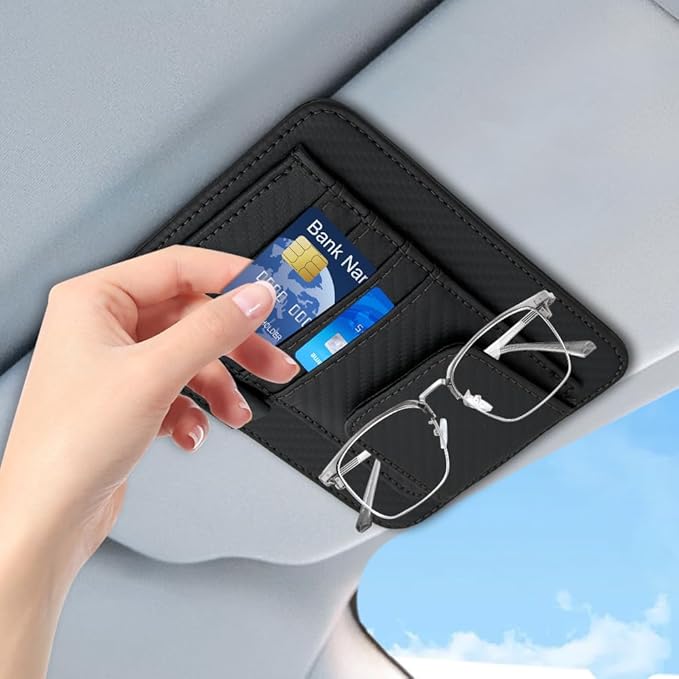 Small Leather Sun Visor Organizer, Visor Accessories, Multi-Pocket Sunvisor Storage with Sunglass Holder, Car Organizer for Drving License Card Pen Fits Most Vehicles (Carbon Fiber Black)