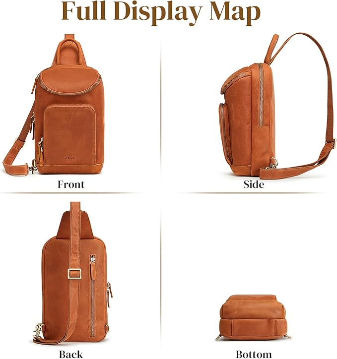 S-ZONE Sling Bag for Women Men Genuine Leather Vintage Crossbody Chest Bags Backpack Daypack Outdoor Travel