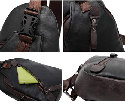 Hebetag Leather Sling Bag Crossbody Backpack for Men Women Travel Outdoor Camping
