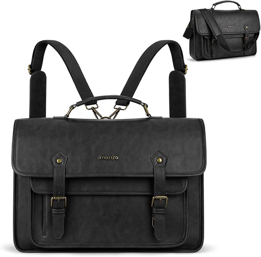 MOSISO 3 in 1 Laptop Bag, 15.6 inch PU Leather Shoulder Bag Briefcase Messenger Satchel Laptop Backpack, 15-16 inch Computer Bags Handbag Bookbag, Black