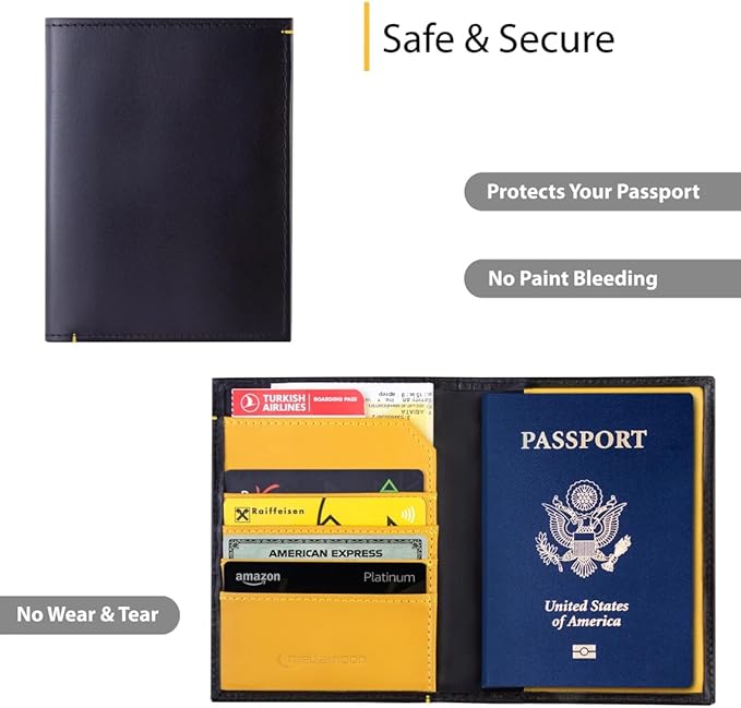 Leather Passport Holder for Men & Women – Genuine Leather RFID Travel Wallet – Slim Handmade Passport Cover with Card Slots & Document Pockets – Bicolor Black & Yellow Design