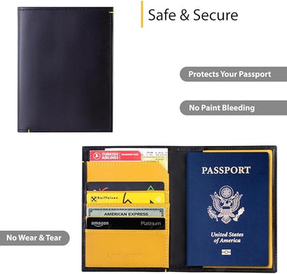 Leather Passport Holder for Men & Women – Genuine Leather RFID Travel Wallet – Slim Handmade Passport Cover with Card Slots & Document Pockets – Bicolor Black & Yellow Design