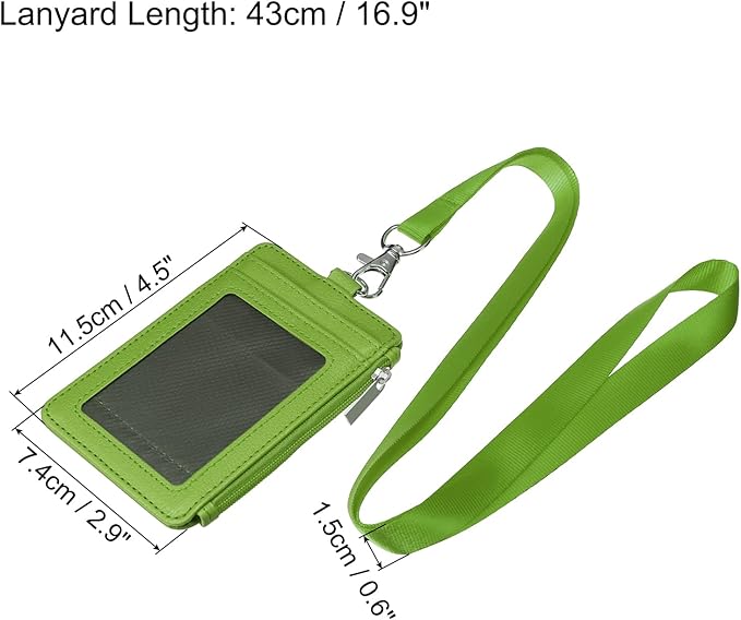 MECCANIXITY ID Badge Holders with Lanyard, Vertical PU Leather 5 Card Slots Zipper Portable Wallet Clear Window for Office, Green
