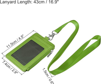 MECCANIXITY ID Badge Holders with Lanyard, Vertical PU Leather 5 Card Slots Zipper Portable Wallet Clear Window for Office, Green