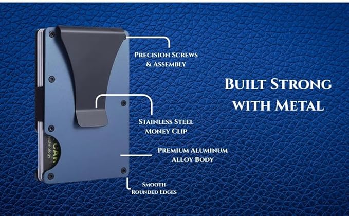 Leatherboss Wallet for Men RFID Blocking Minimalist Metal Card Holder with Money Clip Holds Credit Cards and Cash (Blue)