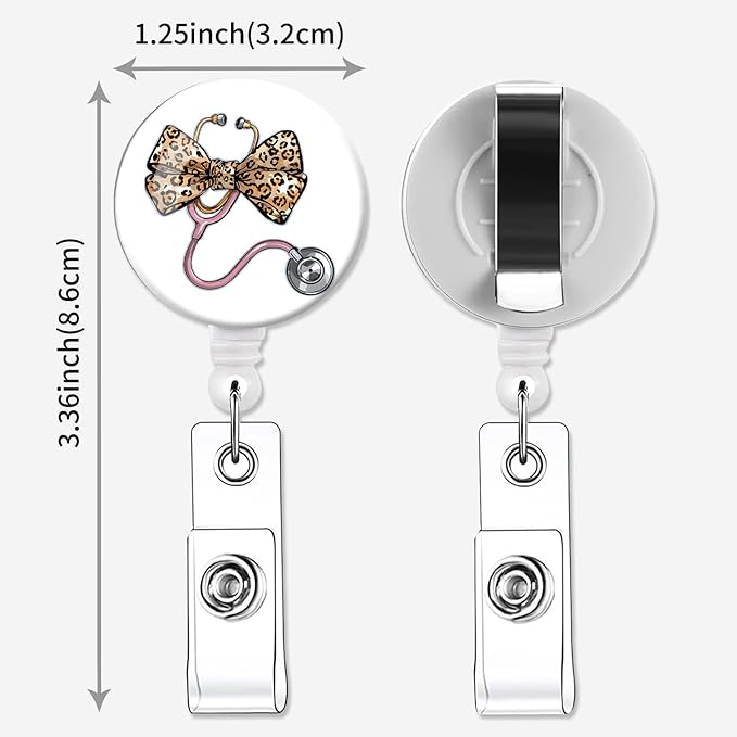 2 Pack Badge Reels Holder Retractable with ID Clip for Nurse Name Tag Card Nursing for Doctor Teacher Student Employee Office Medical Work (Stethoscope with a Leopard Bow)