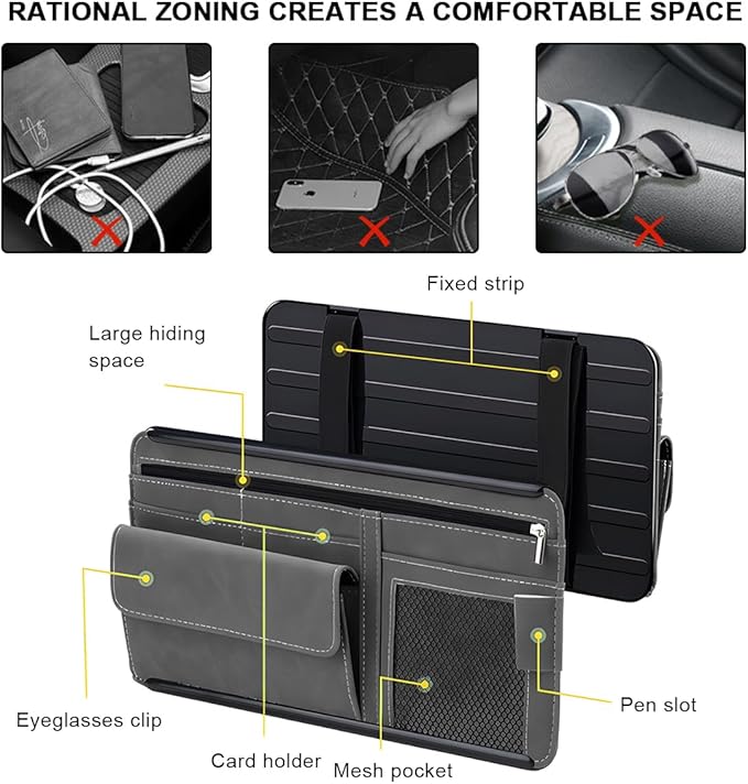 Car Sun Visor Organizer, Leather Sun Visor Pocket Organizer Case with Multi-Pocket Net Zipper, Suede Note Holder Car Visor Storage Pouch for Card Pen Sunglasses Document (Blue)