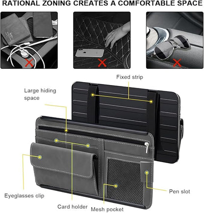 Car Sun Visor Organizer, Leather Sun Visor Pocket Organizer Case with Multi-Pocket Net Zipper, Suede Note Holder Car Visor Storage Pouch for Card Pen Sunglasses Document (Black)