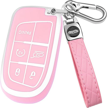 XIYANG TRADE for Jeep Key Fob Cover, Soft Full Protection Key Case Shell Compatible with Jeep Grand Cherokee Renegade Chrysler 200 300 Dodge RAM Durango Challenger Journey Dart Fiat Smart Key (Pink)
