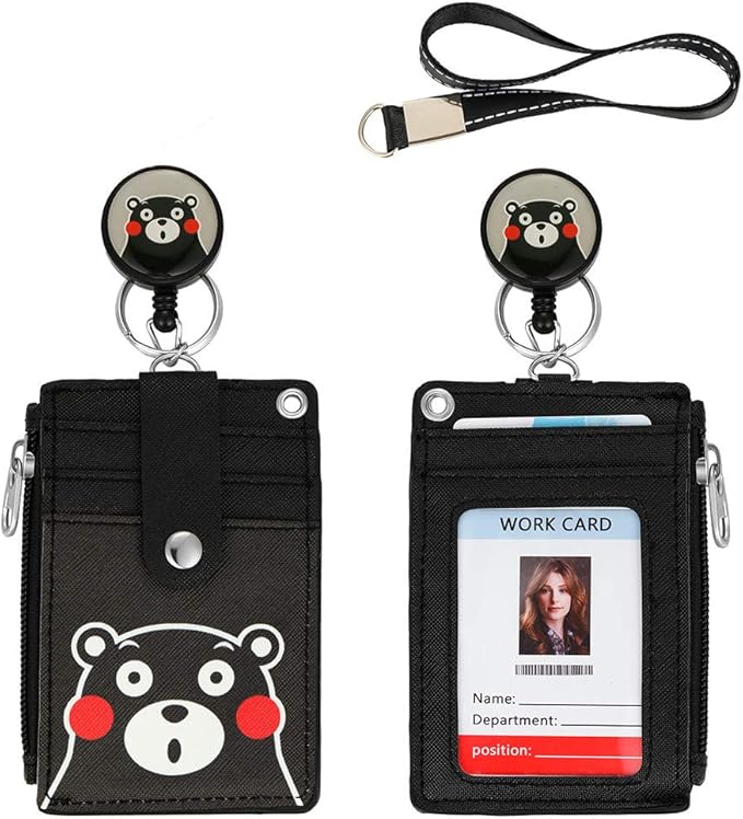 【2025 Latest】 Cute Badge Holder Retractable Lanyard Reel Clip with Heavy Duty Carabiner, 1 Clear ID Window, and 4 Card Slots in 2 Sided for Students Teens Boys Girls Women (01 Black Bear)