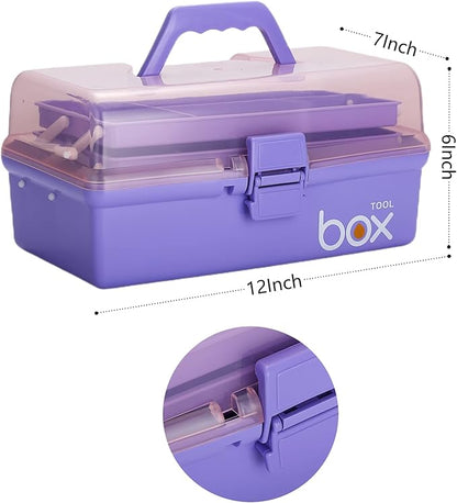 Kinsorcai 12'' Three-Layer Clear Plastic Storage Box/Tool Box, Multipurpose Organizer and Portable Handled Storage Case for Art Craft and Cosmetic (Purple)