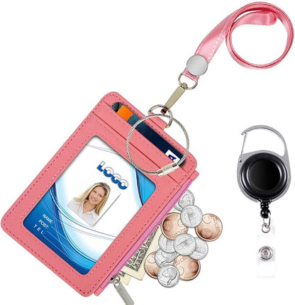 Badge Holder with Zipper, Life-Mate PU Leather ID Badge Card Holder Wallet Case with 5 Card Slots Zipper Pocket 19" Polyester Neck Lanyard Heavy Duty Metal Retractable Badge Reel (Pink)