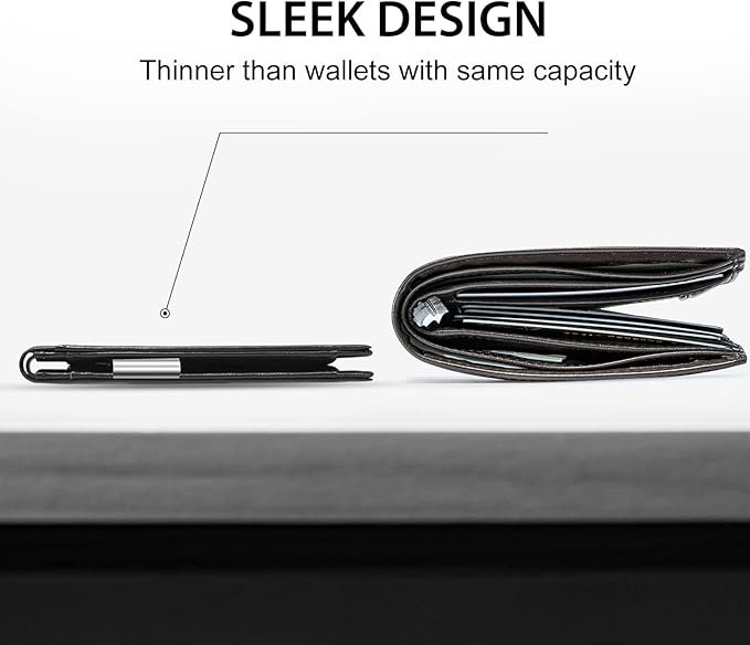 GSOIAX Men's Slim RFID Blocking Leather Wallet with Money Clip Minimalist Carbon Fiber Bifold Credit Card Holder 11 Card Slots Gift Box Included(A-Leather Blcak)