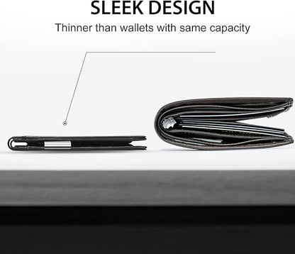 GSOIAX Men's Slim RFID Blocking Leather Wallet with Money Clip Minimalist Carbon Fiber Bifold Credit Card Holder 11 Card Slots Gift Box Included(A-Leather Blcak)