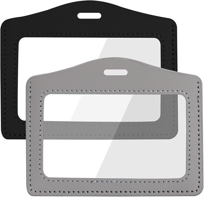 2Pcs Double-Sided Leather ID Badge Holder Waterproof Horizontal Clear Card Holder Name Badge Holders with Clear ID Window for Office Staff Employees Students Black Grey