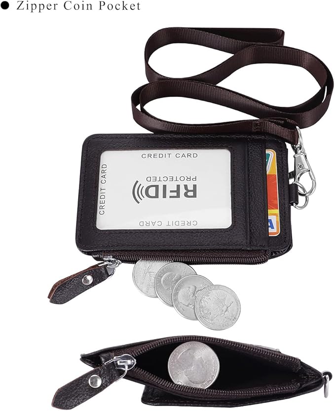 Badge Holder with Zipper Genuine Leather RFID Keychain Wallet Neck Lanyards with Swivel Hook for Card/Coin/Cash, Coffee