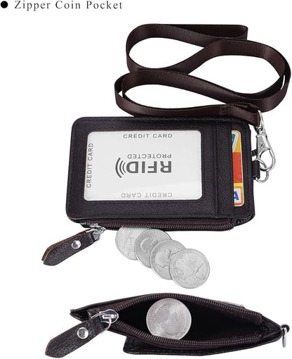 Badge Holder with Zipper Genuine Leather RFID Keychain Wallet Neck Lanyards with Swivel Hook for Card/Coin/Cash, Coffee