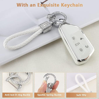 PIFOOG Key Fob Cover for VW Volkswagen ID4 Golf GTI R 2022 2023 Accessories TPU 5 Buttons Car Keys Case Shell Protector Bling Keychain Girly Women White Silver