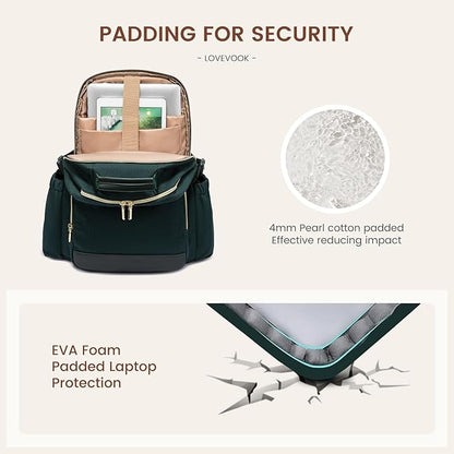 LOVEVOOK Laptop Backpack for Women with Pouch Pocket for Large Capacity Cup,17 Inch Laptop Computer Bag Travel Backpack Purse,Waterproof Work Business Backpack College Teacher Bags,Dark Green