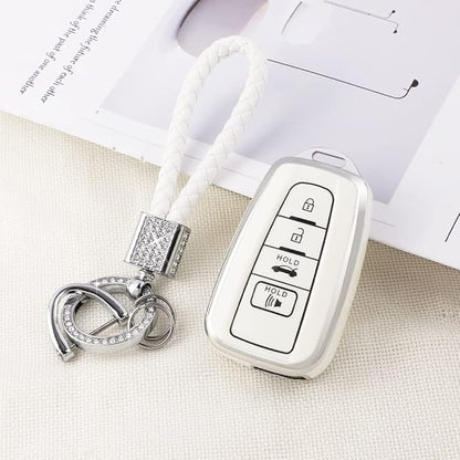 PIFOOG Key Fob Cover for Toyota Camry RAV4 Corolla C-HR Avalon Highlander Prius Smart Keys Case Shell Protector Bling Keychain Accessories 4 Button TPU Girly Women White Silver