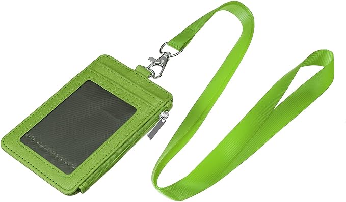 MECCANIXITY ID Badge Holders with Lanyard, Vertical PU Leather 5 Card Slots Zipper Portable Wallet Clear Window for Office, Green