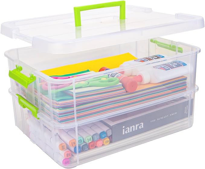 TERGOO 2 Layer Plastic Storage Containers with Lids, Multipurpose Clear Stack & Carry Box, Portable Craft Organizers and Storage Bin for Organizing Art & Craft, Sewing, Makeup, Nail Supplies (Green)