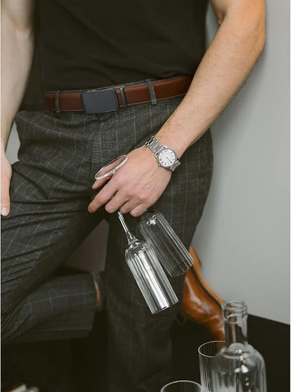 Founders & C Men's Ratchet Belt 1 3/8",Leather Dress Belt Adjustable with Click Sliding Buckle Trim to Exact Fit
