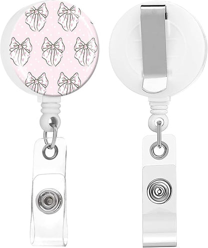 2 Pack Badge Reels Holder Retractable with ID Clip for Nurse Name Tag Card Nursing for Doctor Teacher Student Employee Office Medical Work (Coquette Pink Bow)