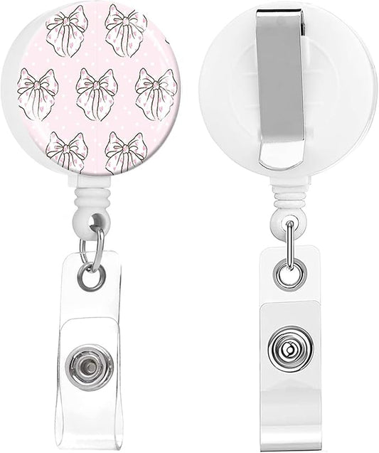 2 Pack Badge Reels Holder Retractable with ID Clip for Nurse Name Tag Card Nursing for Doctor Teacher Student Employee Office Medical Work (Coquette Pink Bow)